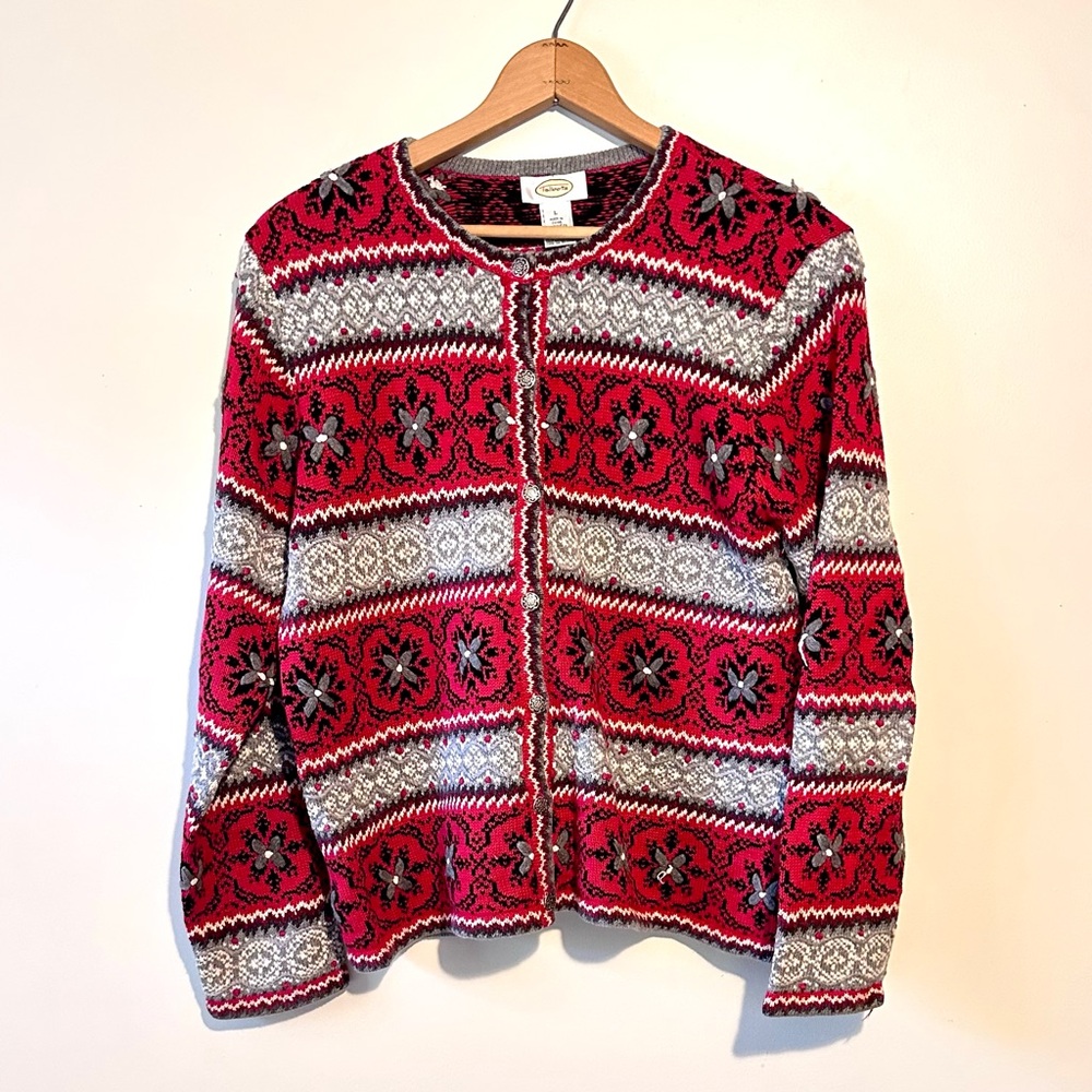 Talbots Cardigan- Cotton/silk Blend Cardigan, Festive Colors. Sz L. Grannycore!
